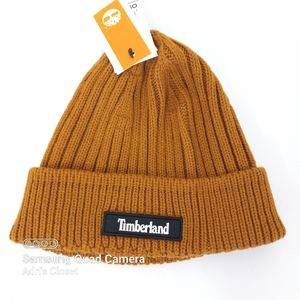 Timberland Wheat Rubber Logo Ribbed Knit Cuff Beanie Skull Cap